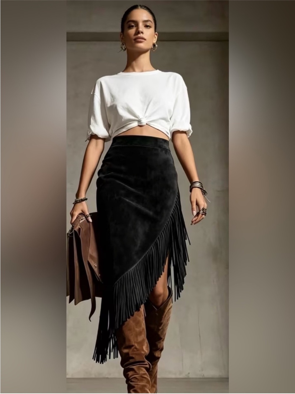 Western Fringe Skirt Black Fringe Faux Suede Midi Skirt new